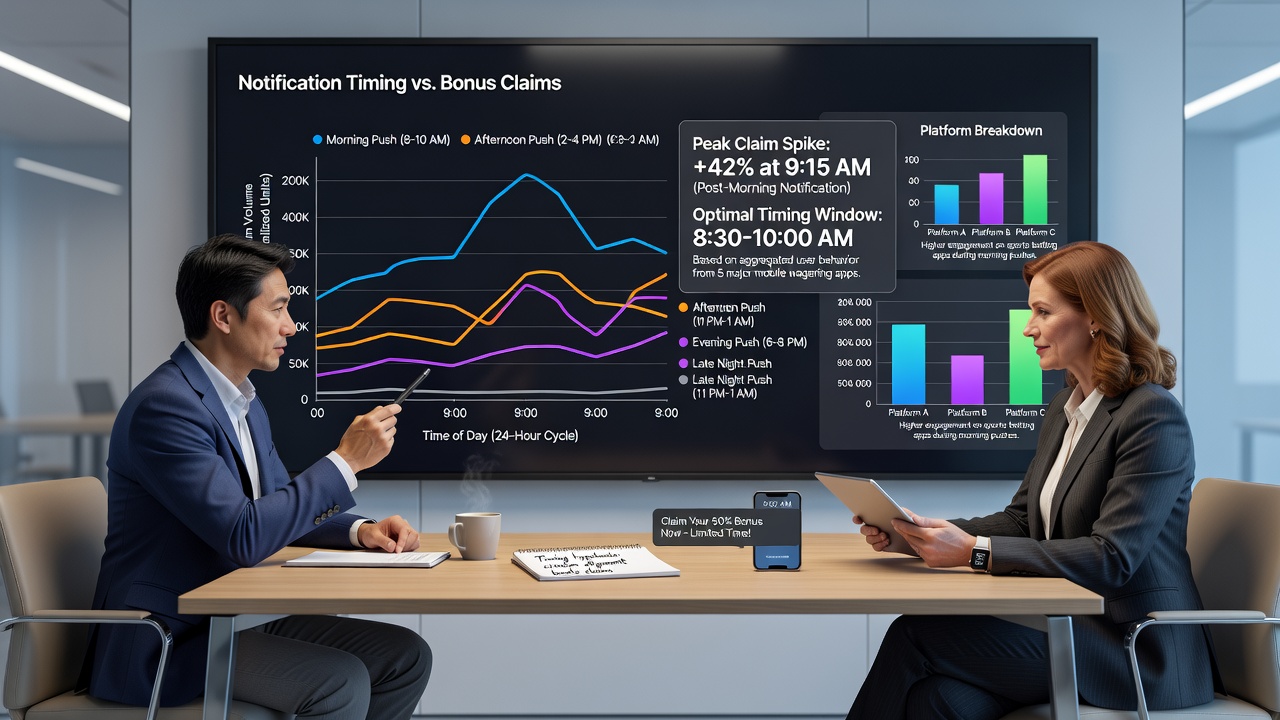 Analytics dashboard displaying timing graphs and bonus claim rate charts from mobile wagering platforms