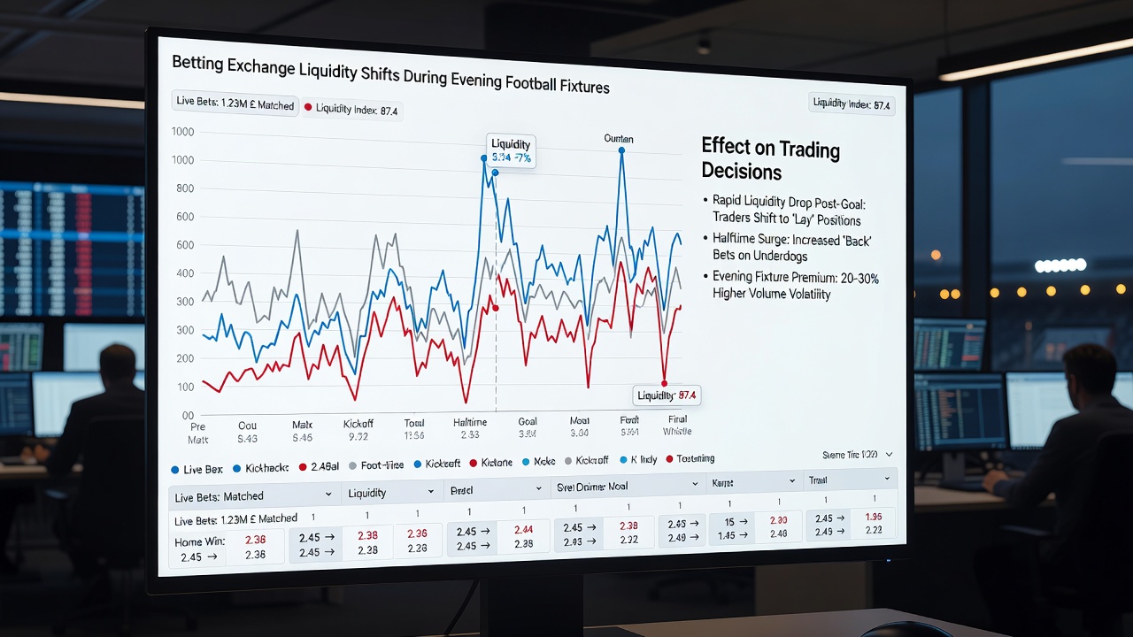 Trader reviewing liquidity charts on a betting exchange during live football