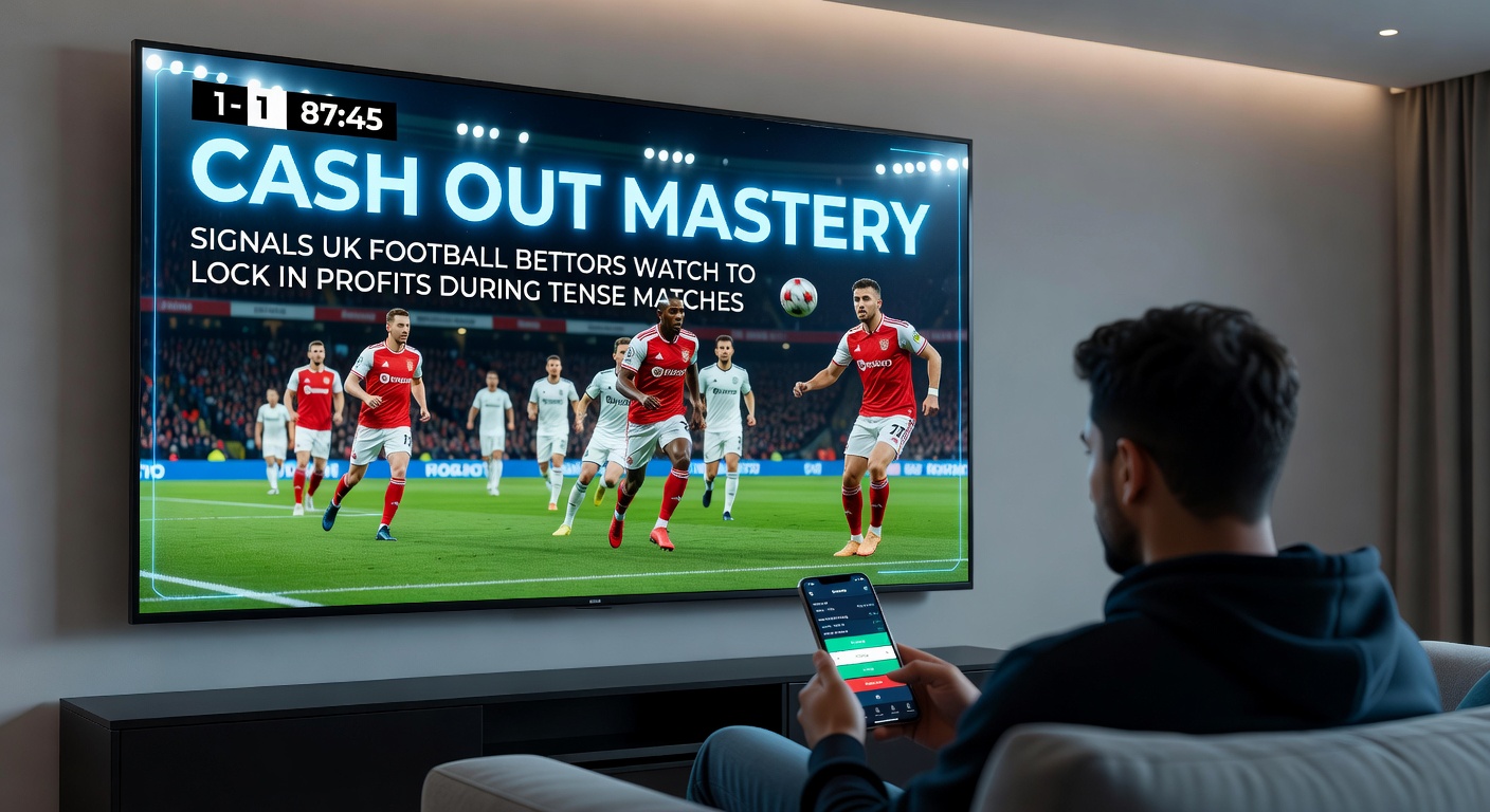 Tense football match with bettors monitoring cash out options on a screen during a Premier League clash