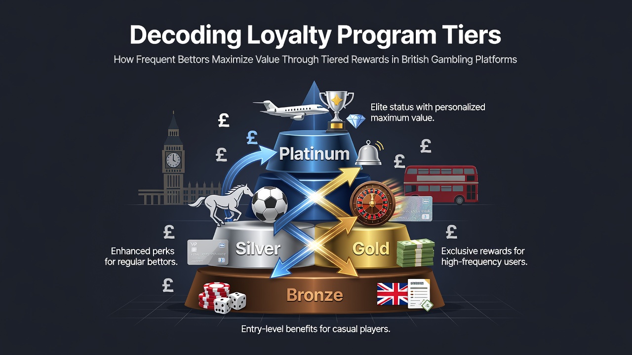 Illustration of loyalty program tiers displayed on a British betting platform dashboard showing bronze silver gold and platinum levels