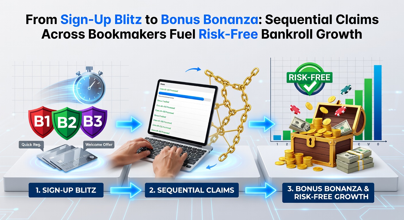 A digital calendar marked with bookmaker sign-up dates alongside stacks of bonus chips and growing bankroll graphs, illustrating the sequential bonus claiming process