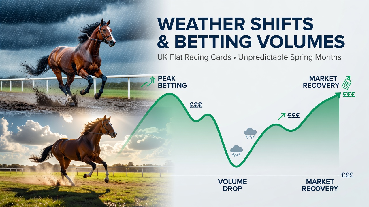 UK flat racing track under changing spring weather conditions with punters at the betting ring