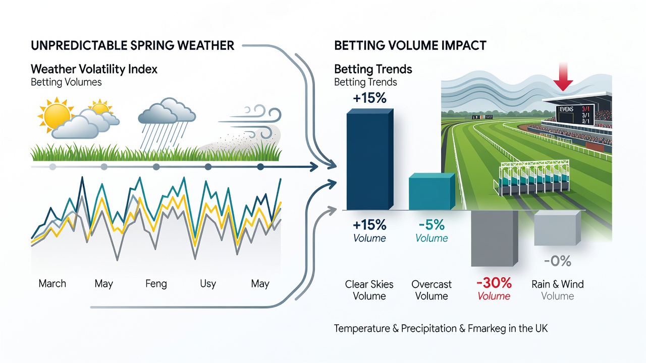 Punters examining updated going reports at a UK racecourse during changeable spring weather