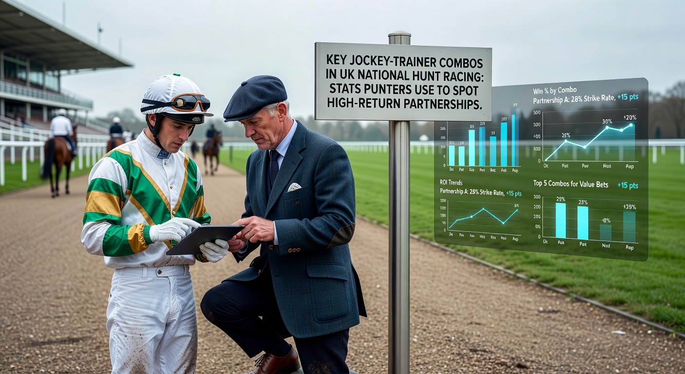 Jockey and trainer discussing strategy before a National Hunt race at a misty UK track, highlighting their close partnership