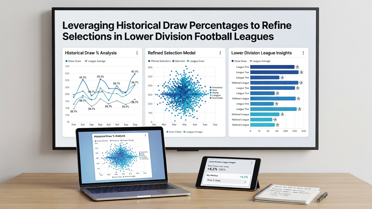 Table illustrating draw percentage trends in lower division football matches segmented by home and away records