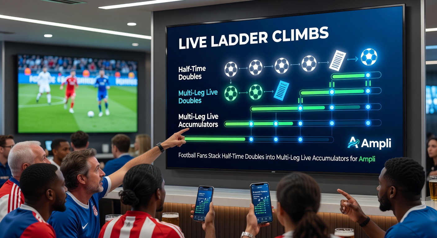 Close-up of a bettor's phone screen displaying a growing live accumulator ladder with odds multiplying during second-half action