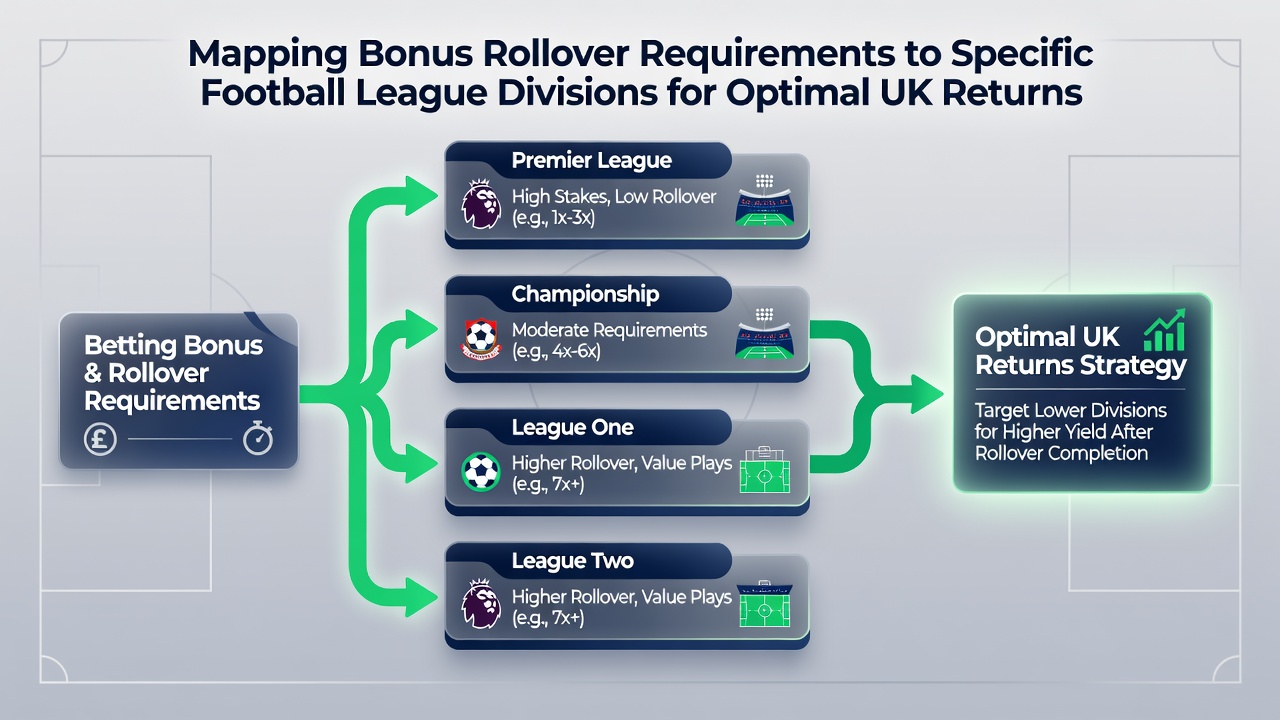 Diagram showing bonus rollover requirements aligned with different English football league divisions and their statistical patterns