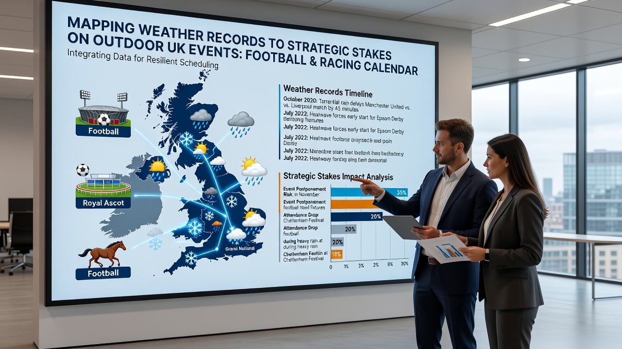 Infographic showing weather record overlays with football adn racing event timelines and regional climate statistics