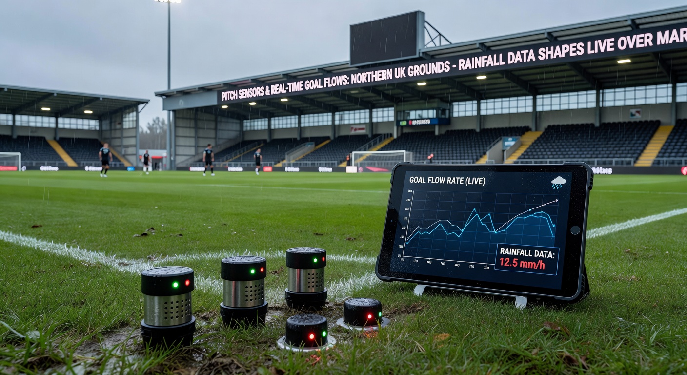 Real-time rainfall sensor dashboard displaying live data feeds from a northern UK football pitch