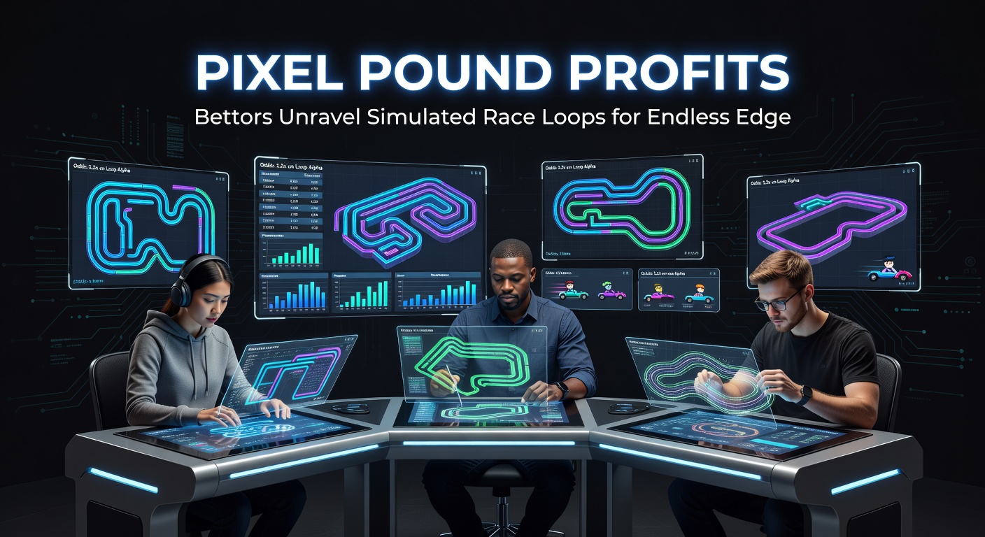 Digital simulation of a horse race on a betting platform screen, showing pixelated runners mid-stride with overlaid betting odds