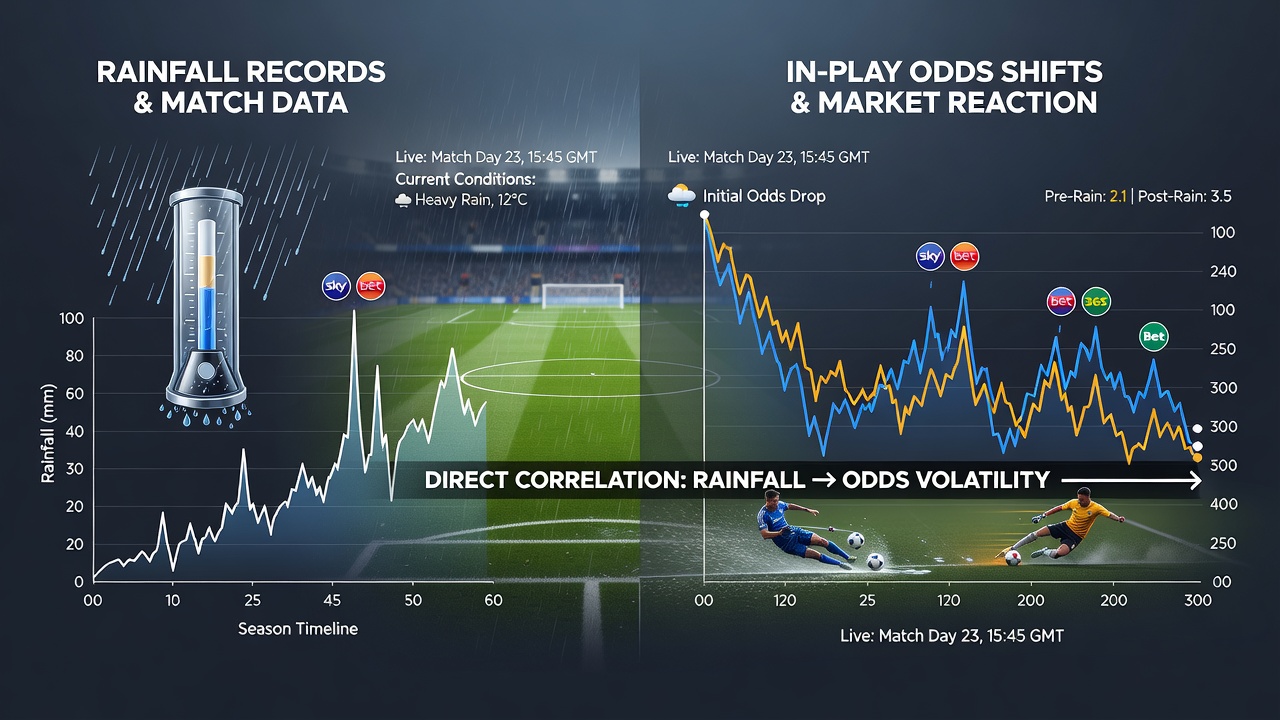Live betting interface displaying shifting odds during a rainy Premier League match