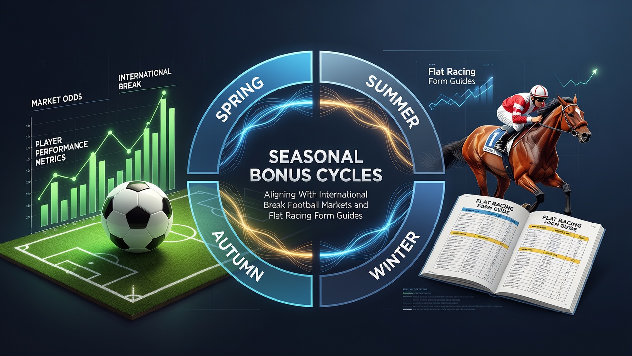 Football pitch during international break with overlaid betting bonus graphics and flat racing form charts