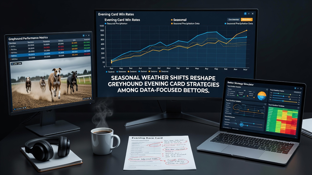 Greyhound racing track under varying seasonal weather conditions with evening lighting