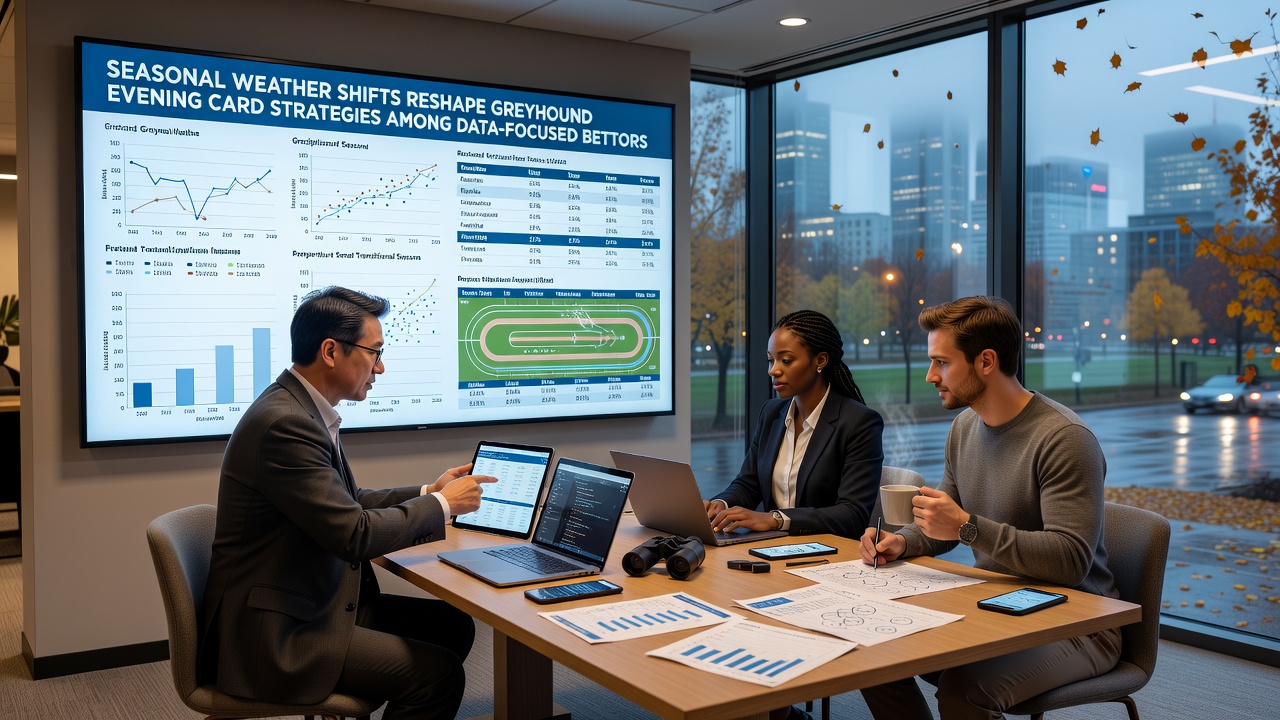 Data analysts reviewing greyhound performance charts overlaid with weather statistics