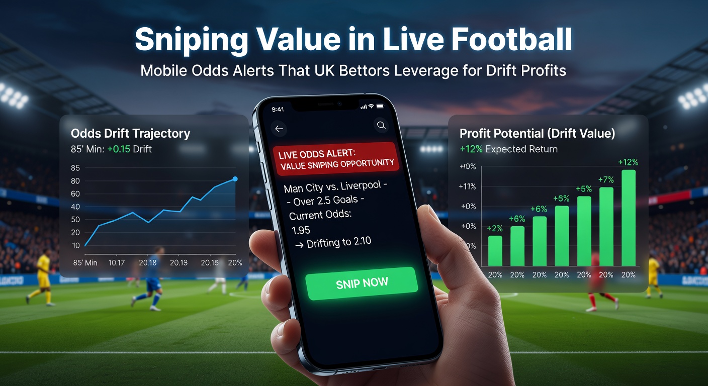 Close-up of a bettor's hand holding a phone with live Premier League odds alert popping up, showing a drifting price graph during match action