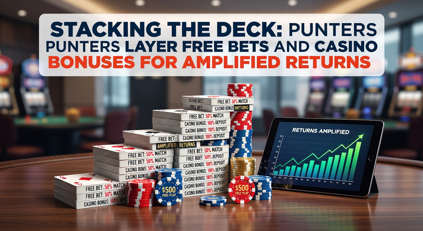 Punters analyzing betting slips and casino bonus offers on multiple screens, illustrating layered strategies for maximum returns