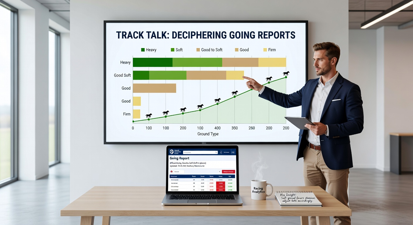 Horse trainers and officials gathered at a racecourse rail, discussing track conditions with penetrometers in hand amid a misty morning, highlighting the collaborative process behind accurate going assessments.