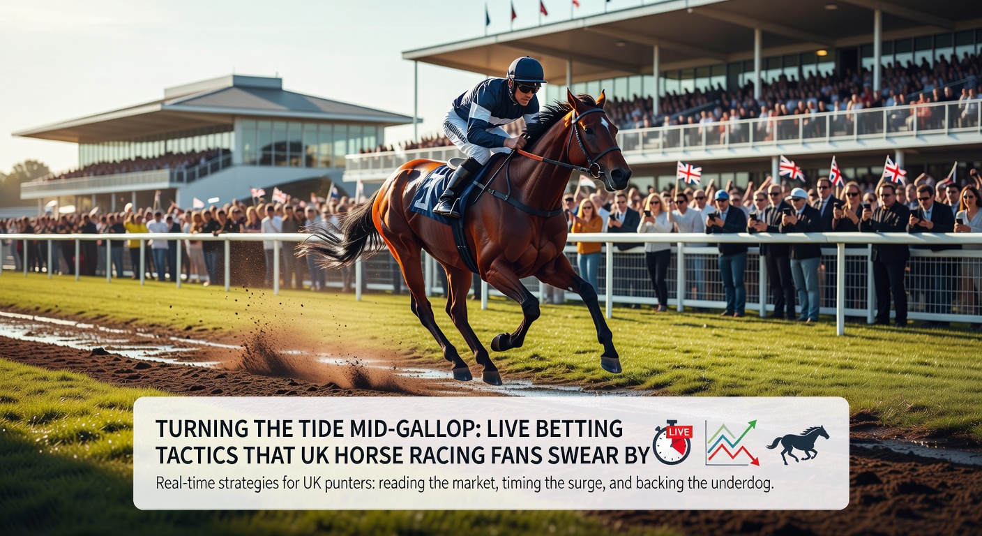 Thrilling mid-race action at a UK horse racing event, with punters glued to live odds shifting dramatically