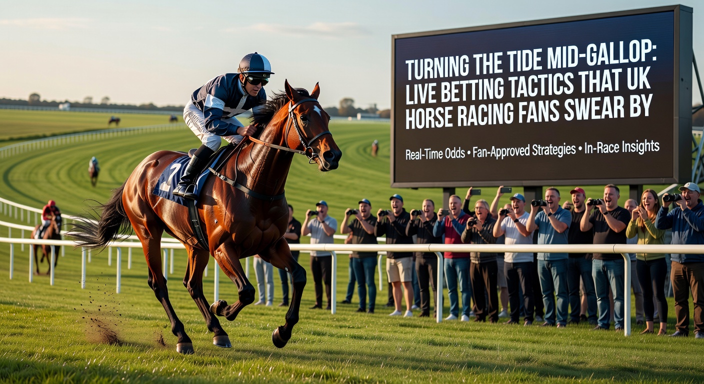 Close-up of a jockey urging horse forward mid-race, odds screen overlay showing live fluctuations