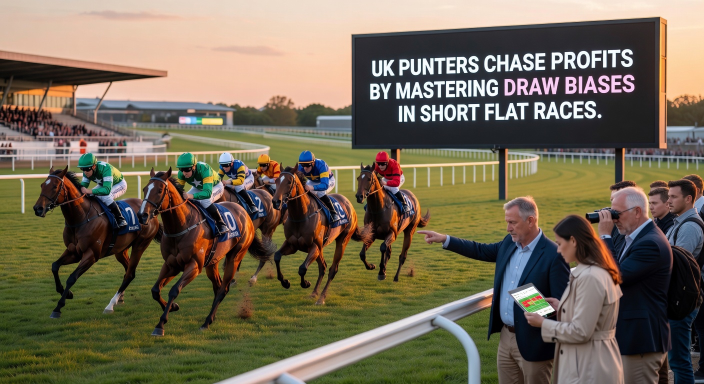Close-up of jockeys jockeying for position from low stalls in a 5f flat sprint, illustrating draw bias in action