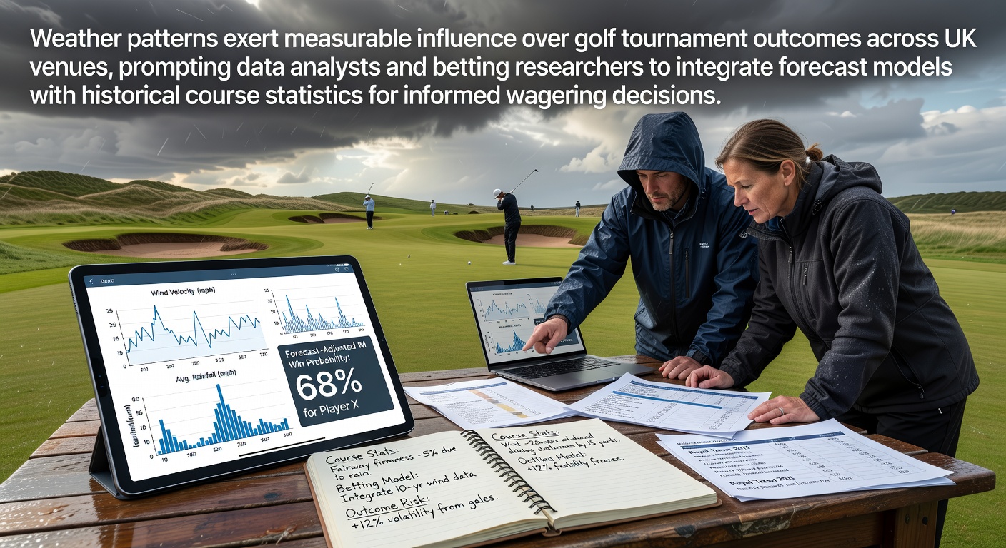 Golf course under varying weather conditions showing wind and rain effects on play