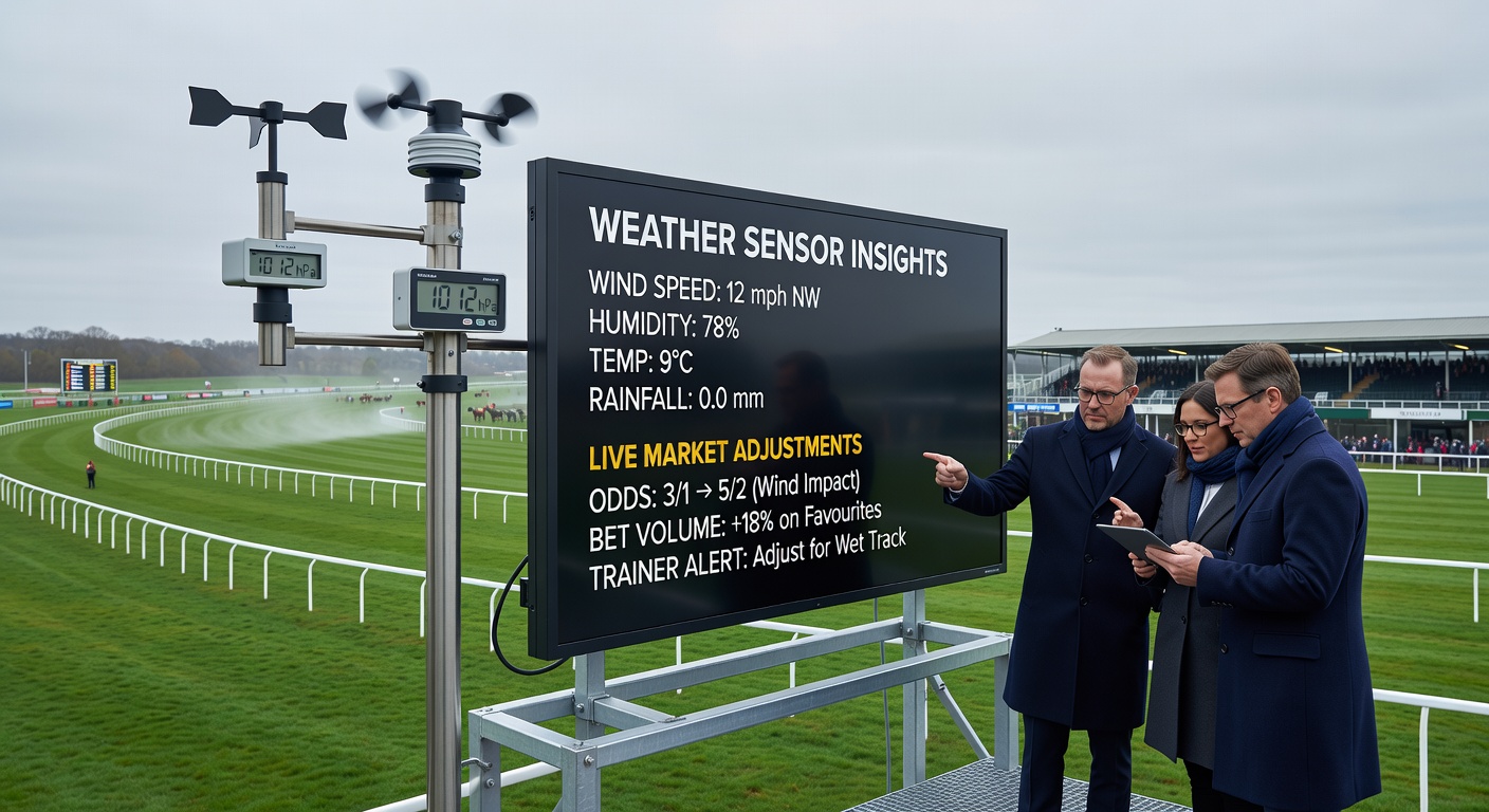 Weather sensors installed at a northern UK racecourse monitoring rainfall and ground conditions in real time