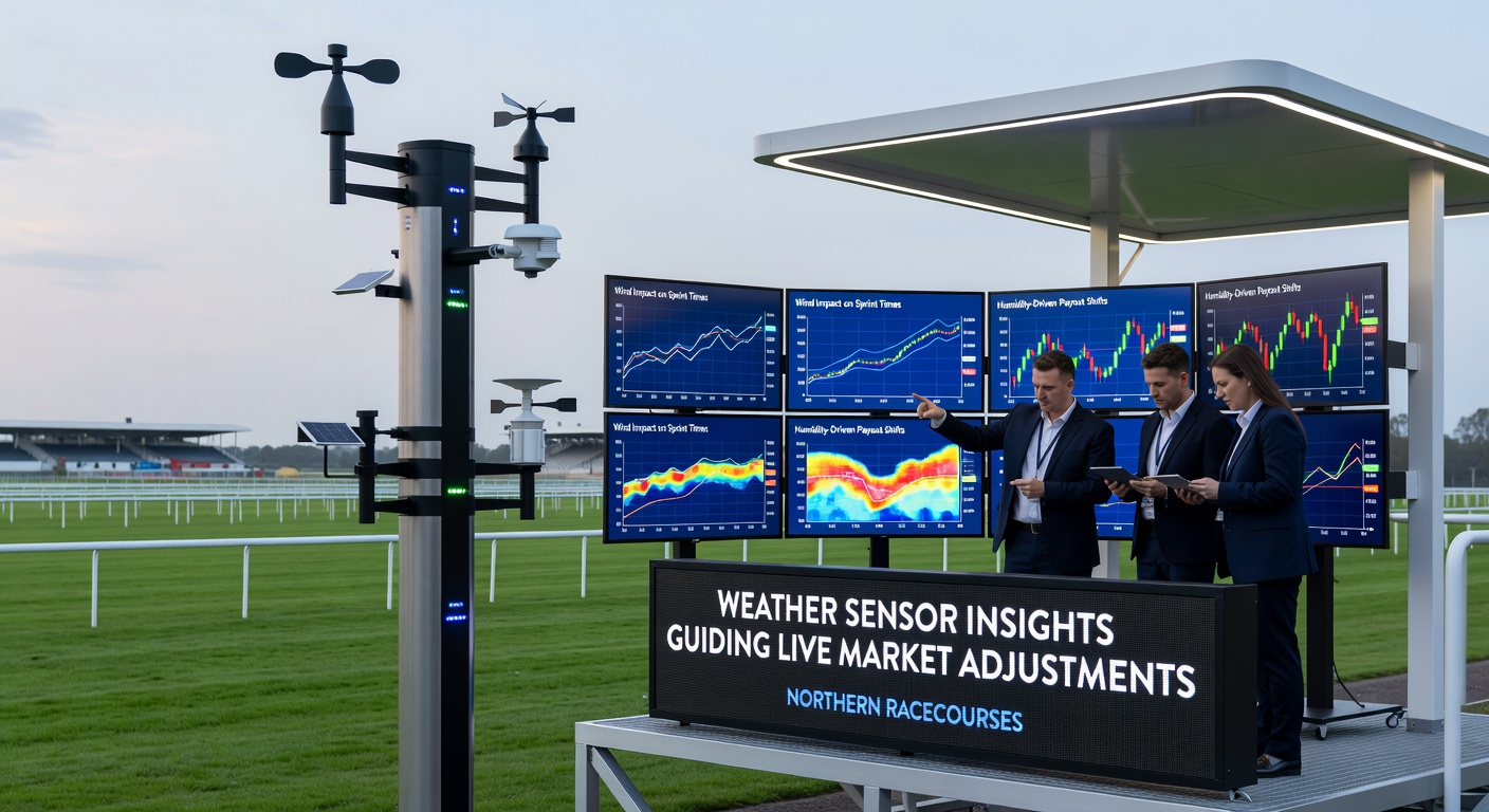 Data dashboard showing real-time weather metrics from multiple northern racecourse sensors during a live meeting